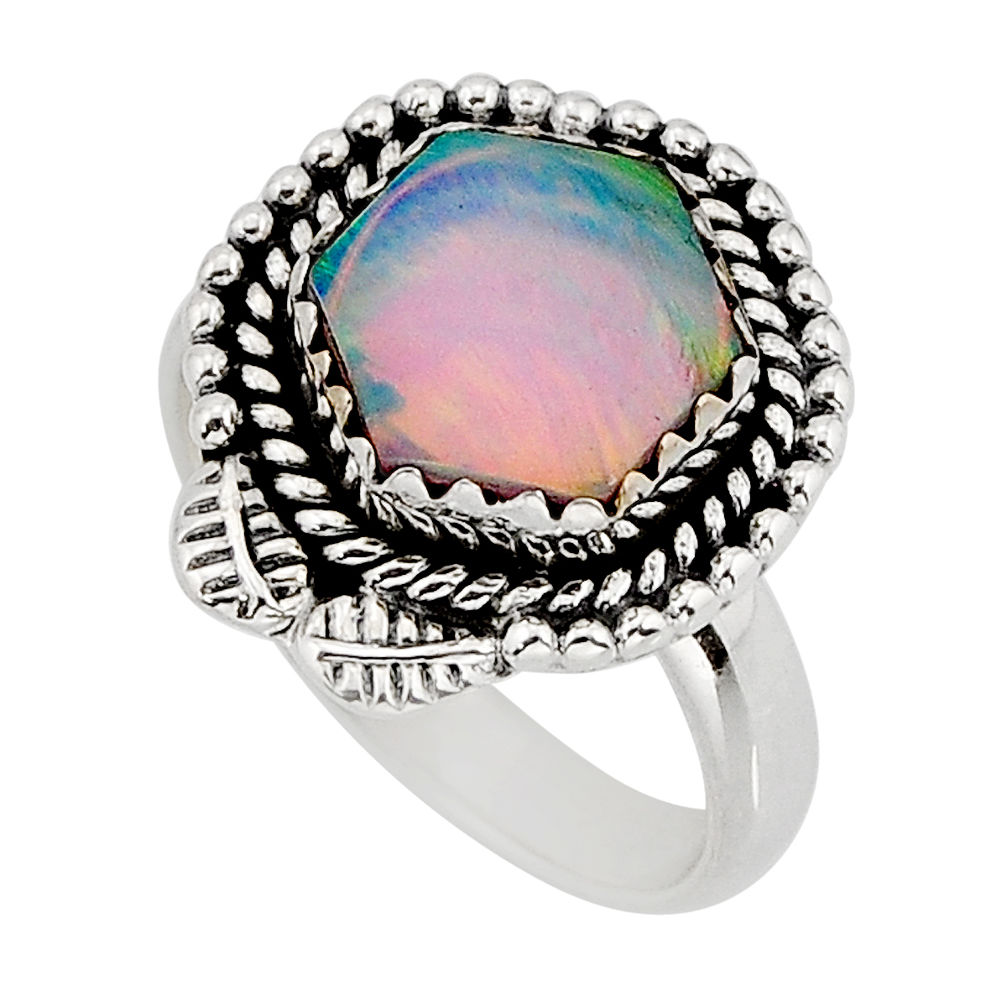 2.68cts solitaire fine volcano aurora opal hexagon 925 silver ring size 6 y76222