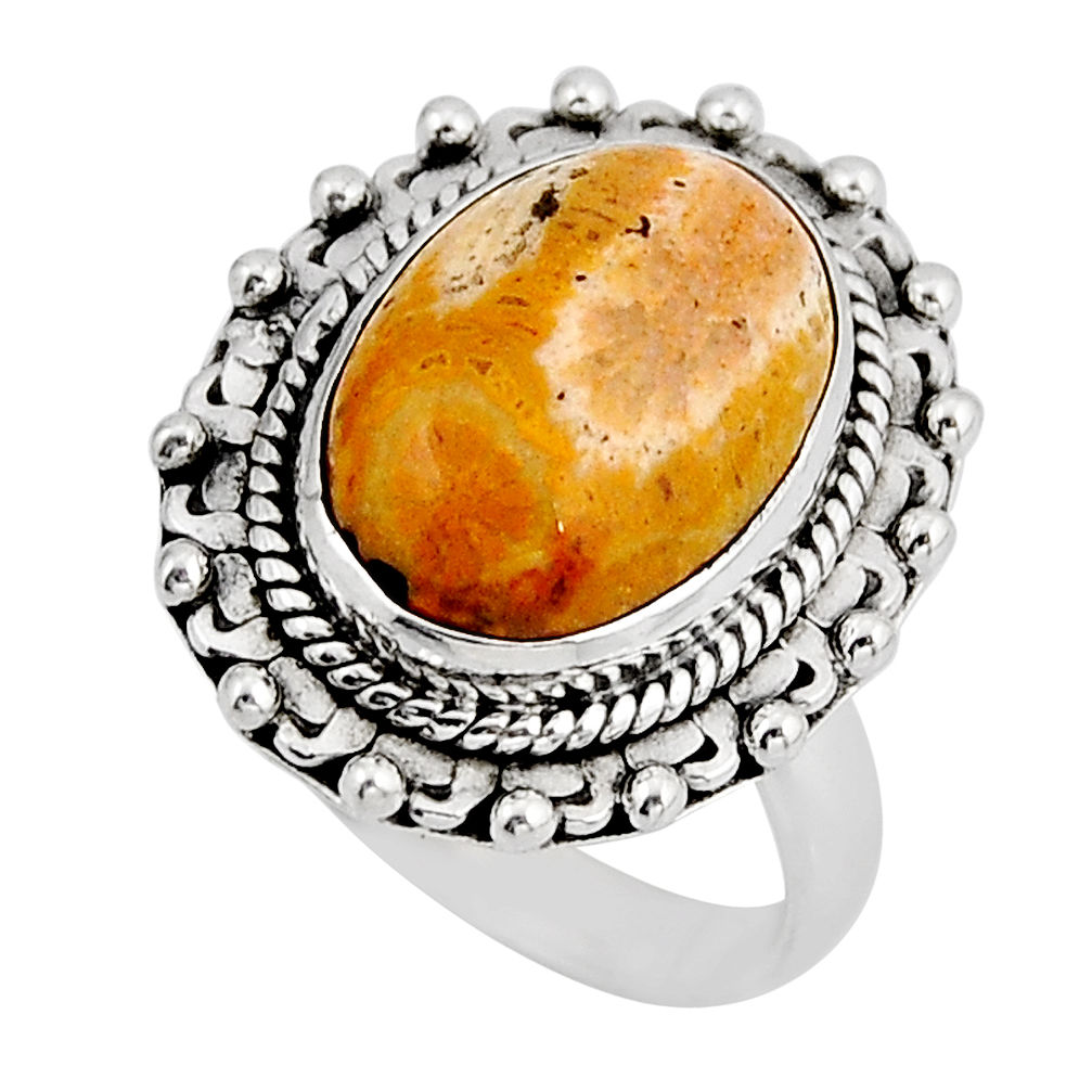 Solitaire fossil coral (agatized) petoskey stone 925 silver ring size 6.5 y56523