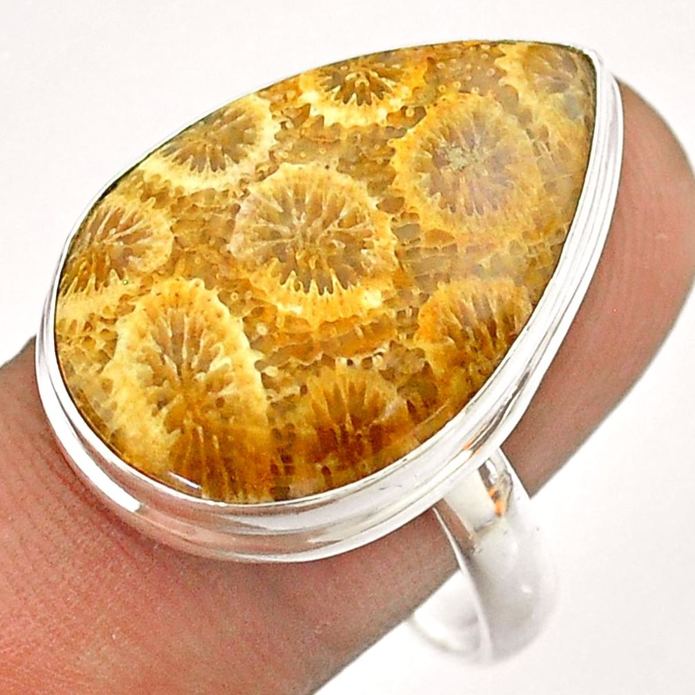 16.70cts solitaire fossil coral petoskey stone 925 silver ring size 11 t54375