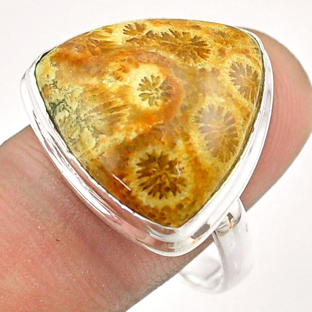 17.11cts solitaire fossil coral petoskey stone 925 silver ring size 10.5 t54552