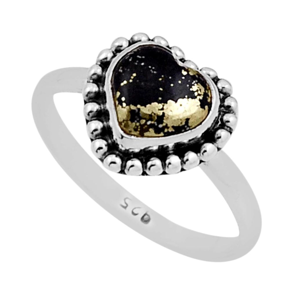 3.06cts solitaire golden pyrite in magnetite heart 925 silver ring size 8 n18118
