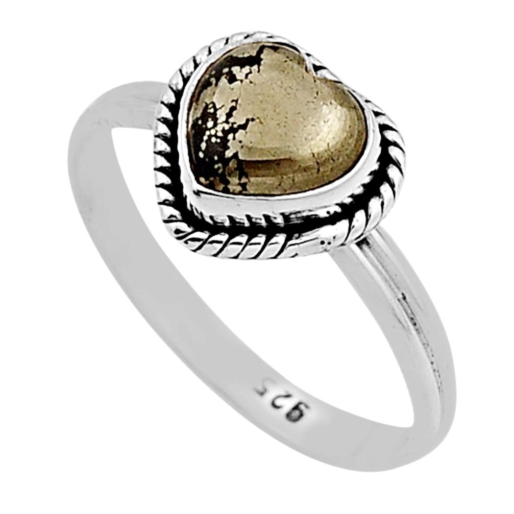3.09cts solitaire golden pyrite in magnetite heart 925 silver ring size 9 n18101