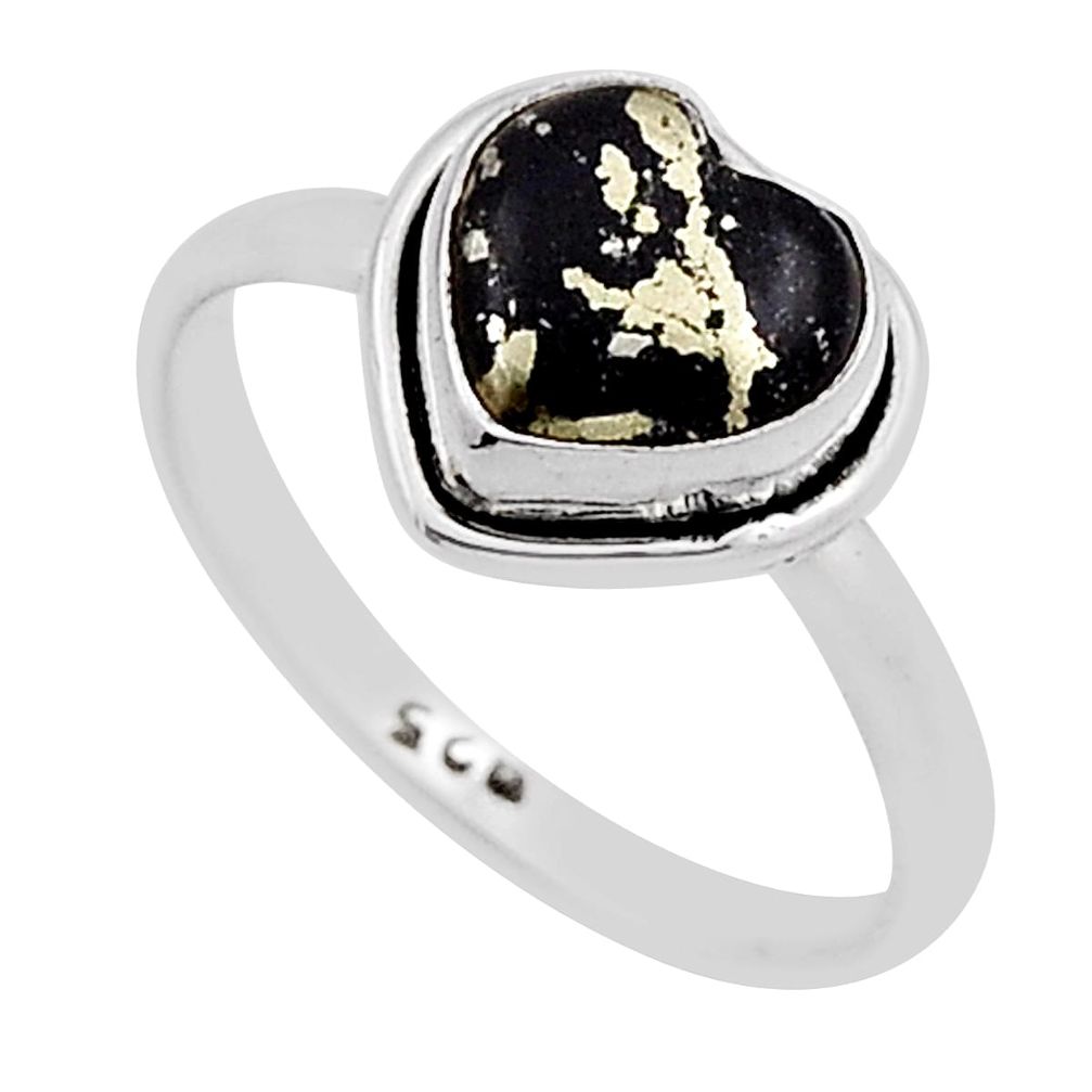 2.92cts solitaire golden pyrite in magnetite heart silver ring size 6.5 n18084