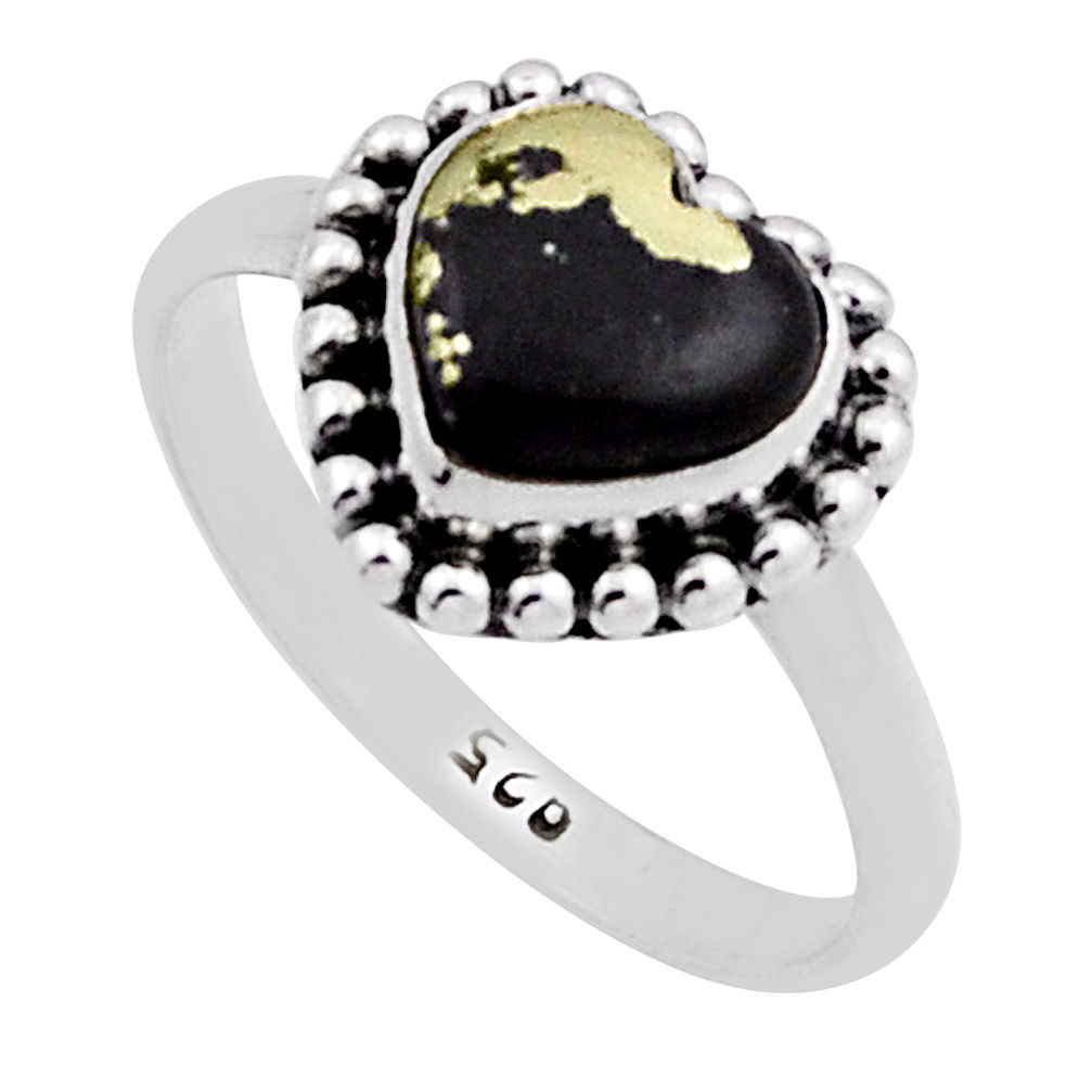 3.06cts solitaire golden pyrite in magnetite heart silver ring size 6.5 n18097