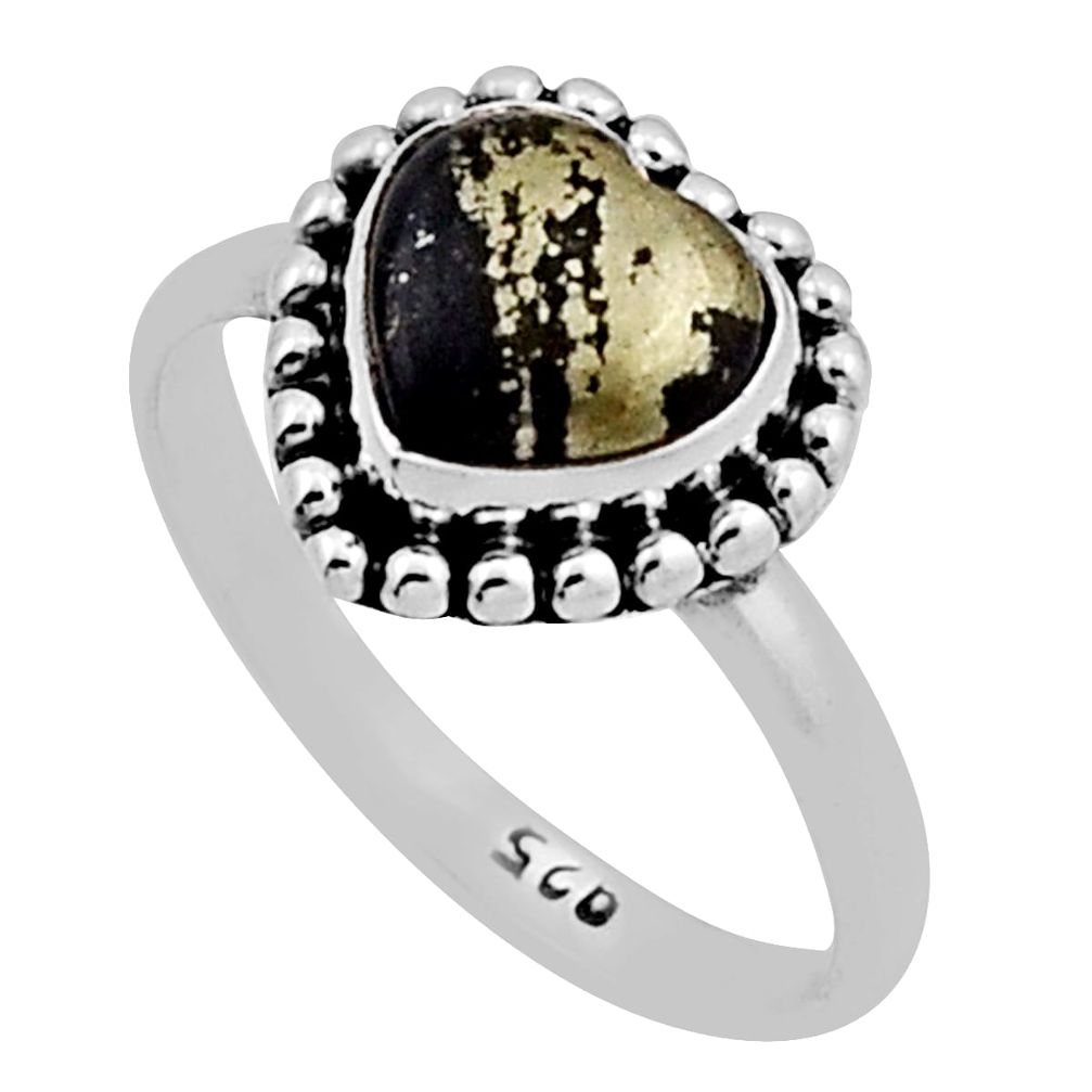 3.05cts solitaire golden pyrite in magnetite silver heart ring size 6.5 n18061