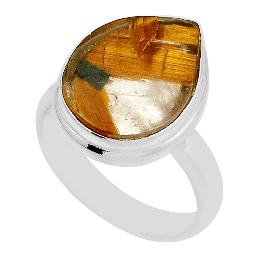 9.56cts solitaire golden star rutilated quartz pear silver ring size 7 n28409