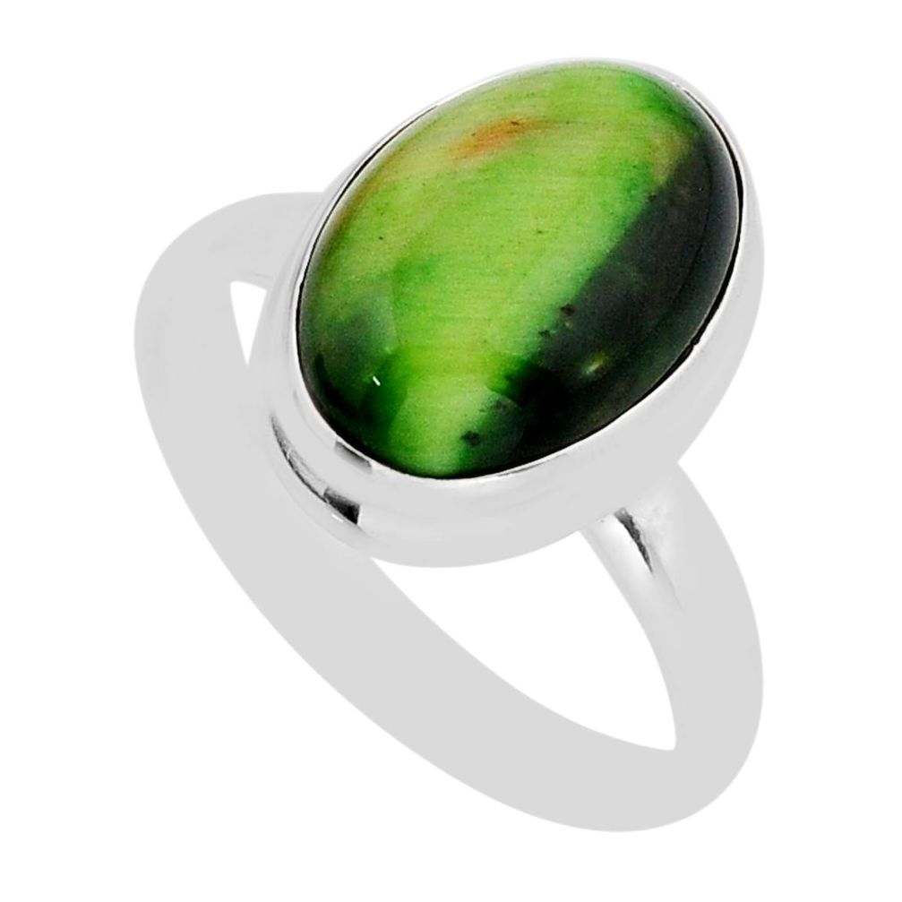 6.32cts solitaire green cats eye oval 925 sterling silver ring size 8.5 y60382