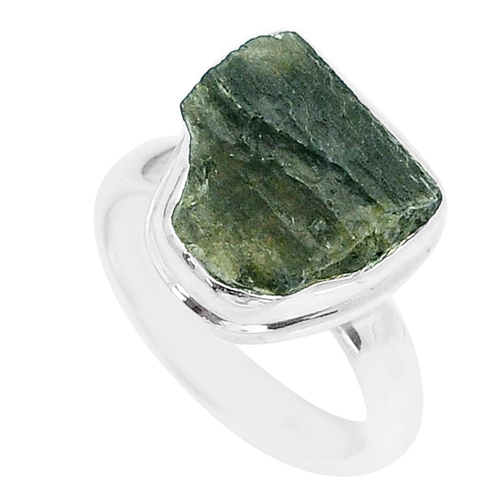 6.54cts solitaire green moldavite (genuine czech) 925 silver ring size 7 u62533