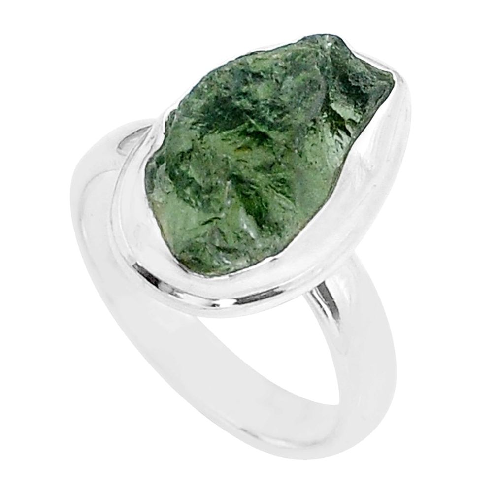 6.54cts solitaire green moldavite (genuine czech) 925 silver ring size 7 u62541
