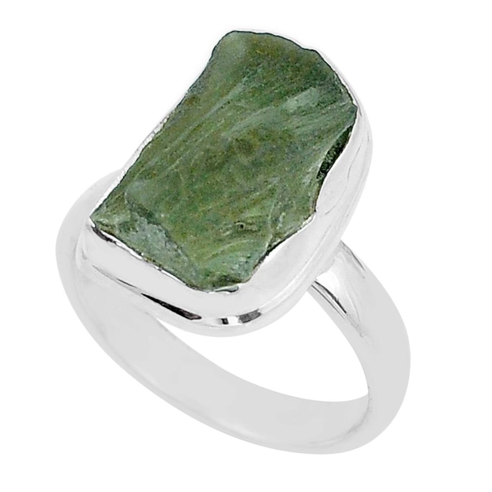 8.12cts solitaire green moldavite (genuine czech) 925 silver ring size 8 u62518