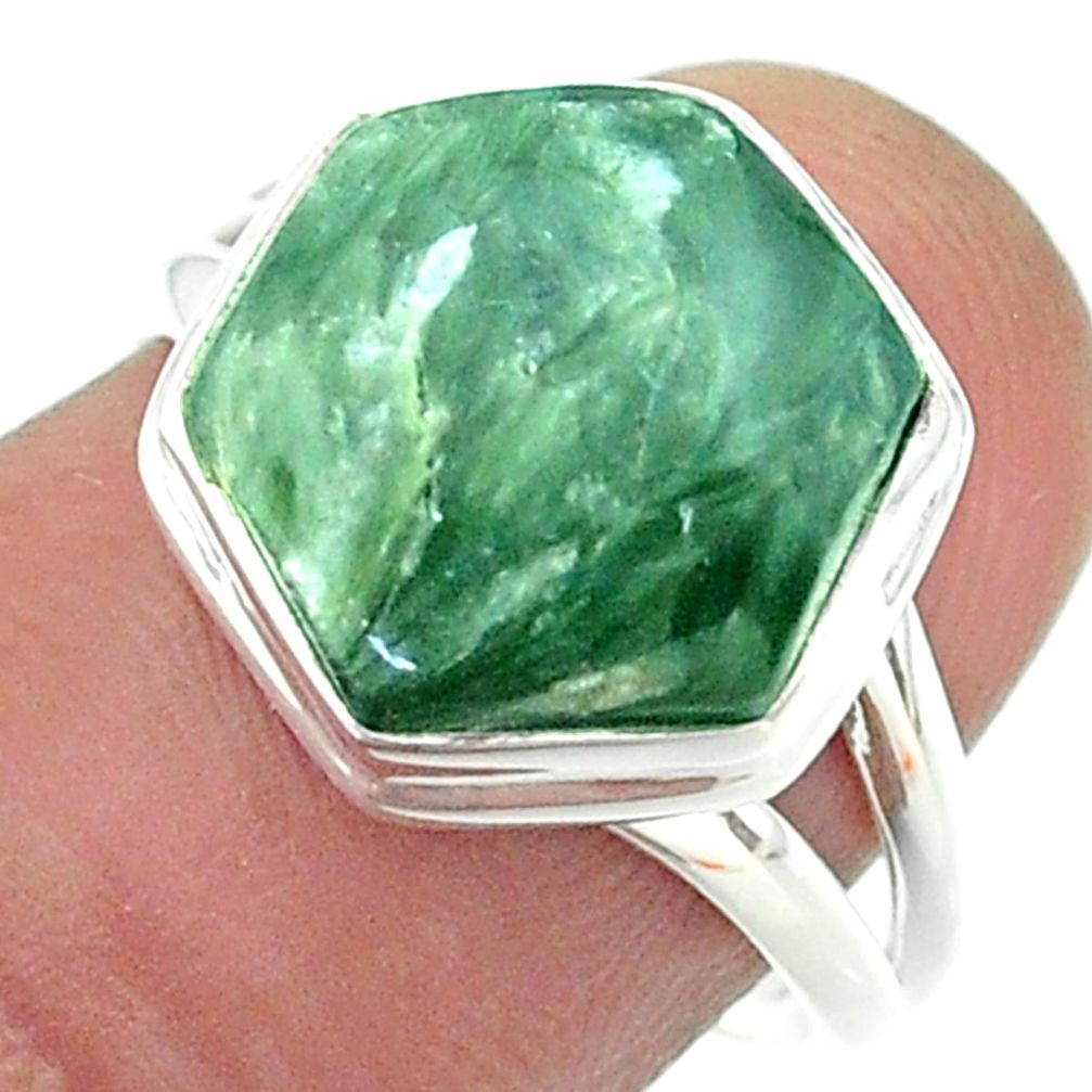 6.57cts solitaire green seraphinite 925 silver hexagon ring size 7.5 t55125