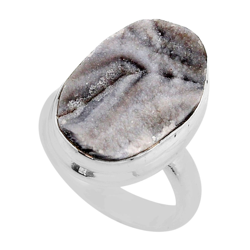 11.92cts solitaire grey desert druzy (chalcedony rose) silver ring size 6 y88242