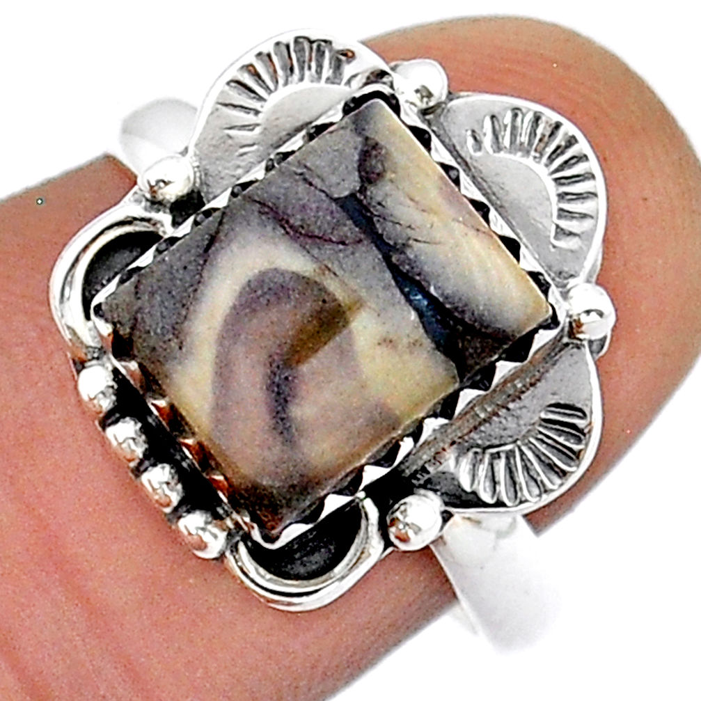 3.91cts solitaire grey sonoran dendritic rhyolite 925 silver ring size 8 u90593