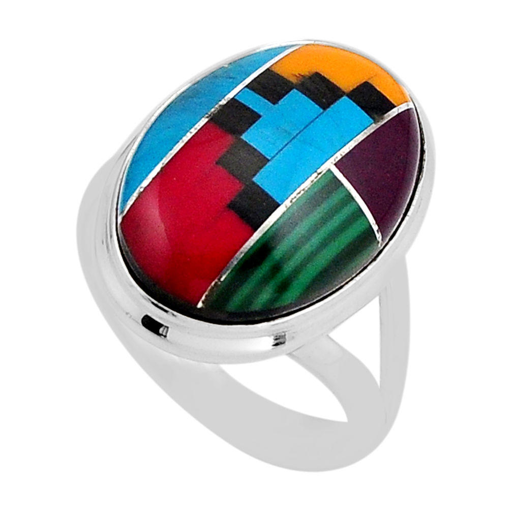 11.57cts solitaire malachite copper turquoise coral silver ring size 7 y82122