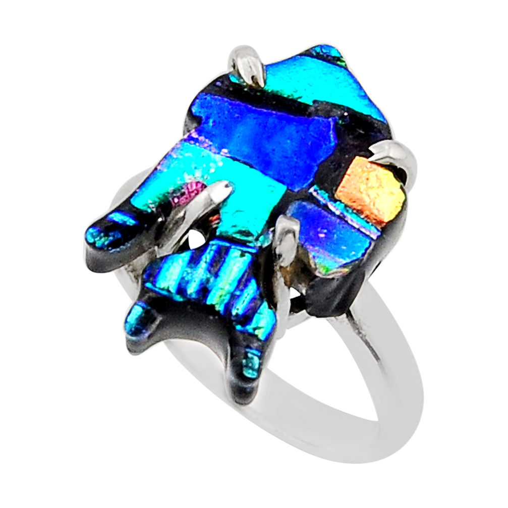 11.07cts solitaire multi color dichroic glass 925 silver fish ring size 8 y91835