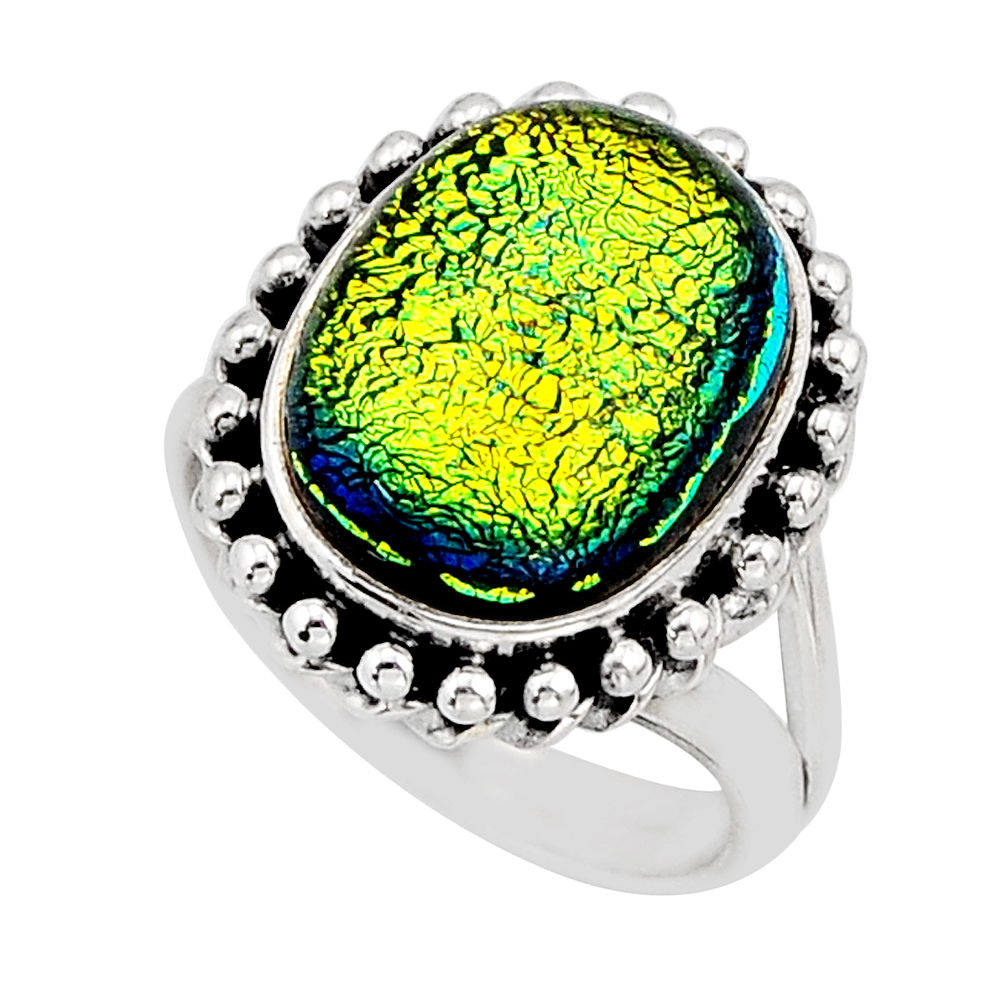 6.63cts solitaire multi color dichroic glass cushion silver ring size 6 y66634