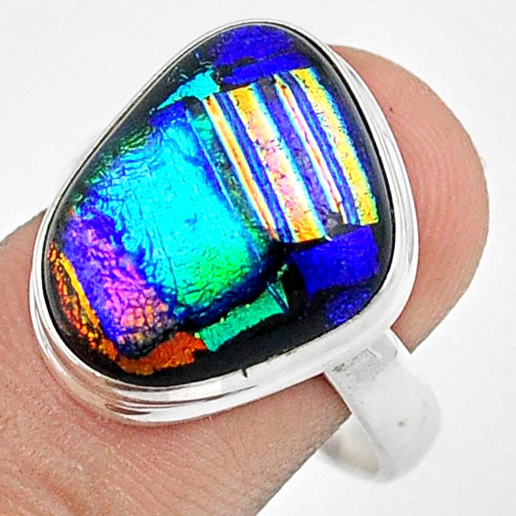 12.19cts solitaire multi color dichroic glass fancy silver cocktail ring size 8 u28770