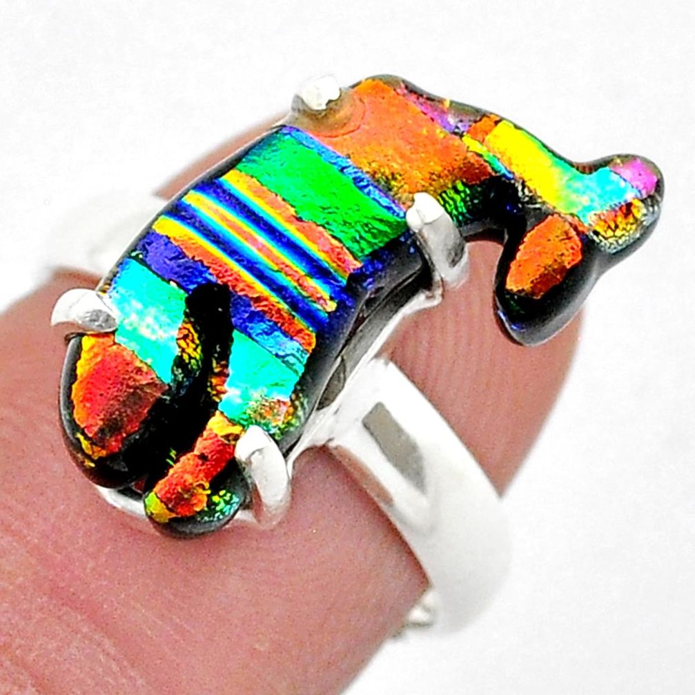 6.88cts solitaire multi color dichroic glass silver dolphin ring size 6.5 u57720