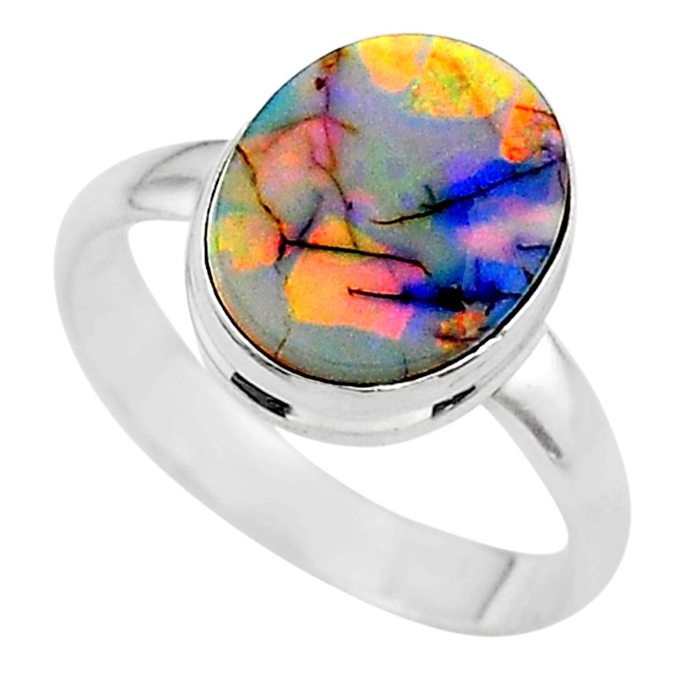 3.52cts solitaire multi color sterling opal 925 silver ring size 8 t13576