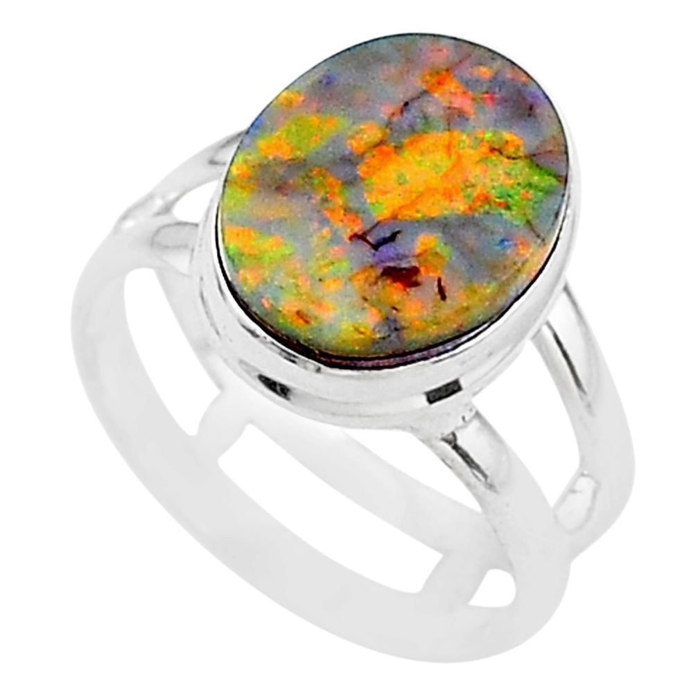 3.71cts solitaire multi color sterling opal 925 silver ring size 6.5 t13551