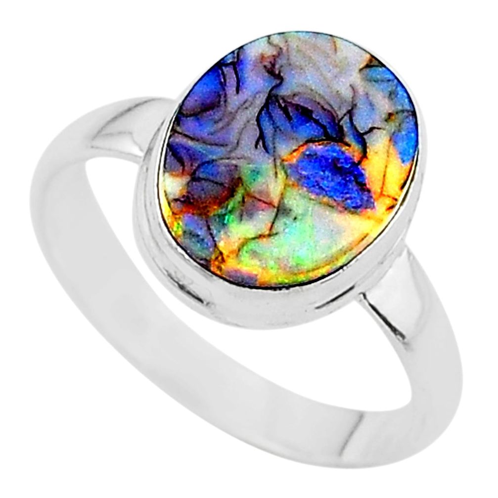 3.51cts solitaire multi color sterling opal 925 silver ring size 8.5 t13566
