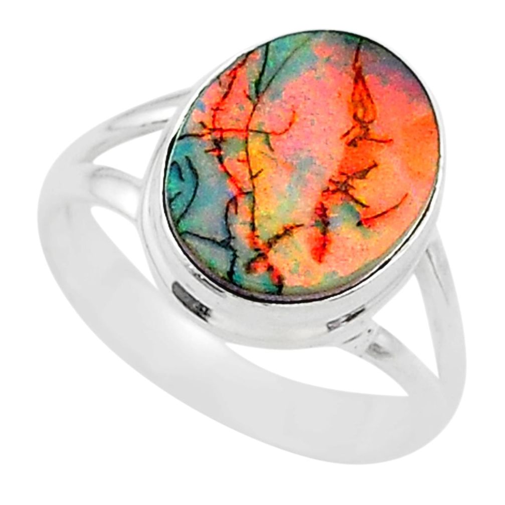 3.29cts solitaire multi color sterling opal 925 silver ring size 6.5 t13571