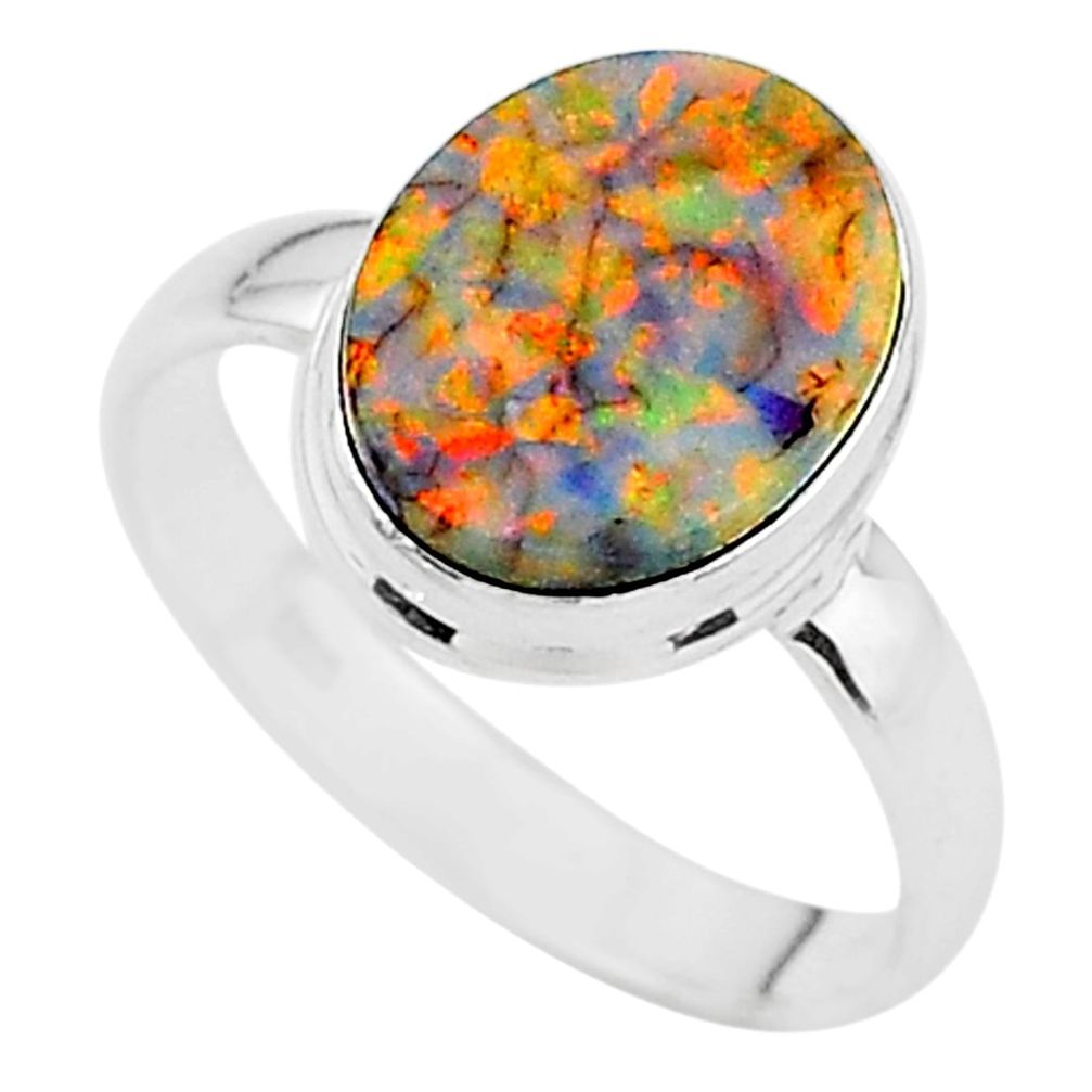 3.73cts solitaire multi color sterling opal 925 silver ring size 8.5 t13590