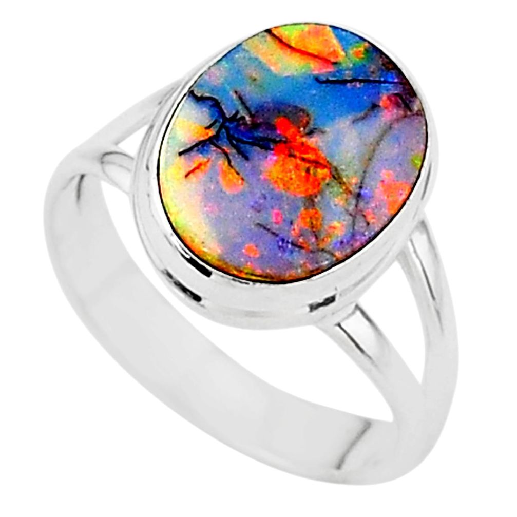 3.29cts solitaire multi color sterling opal 925 silver ring size 6.5 t13595