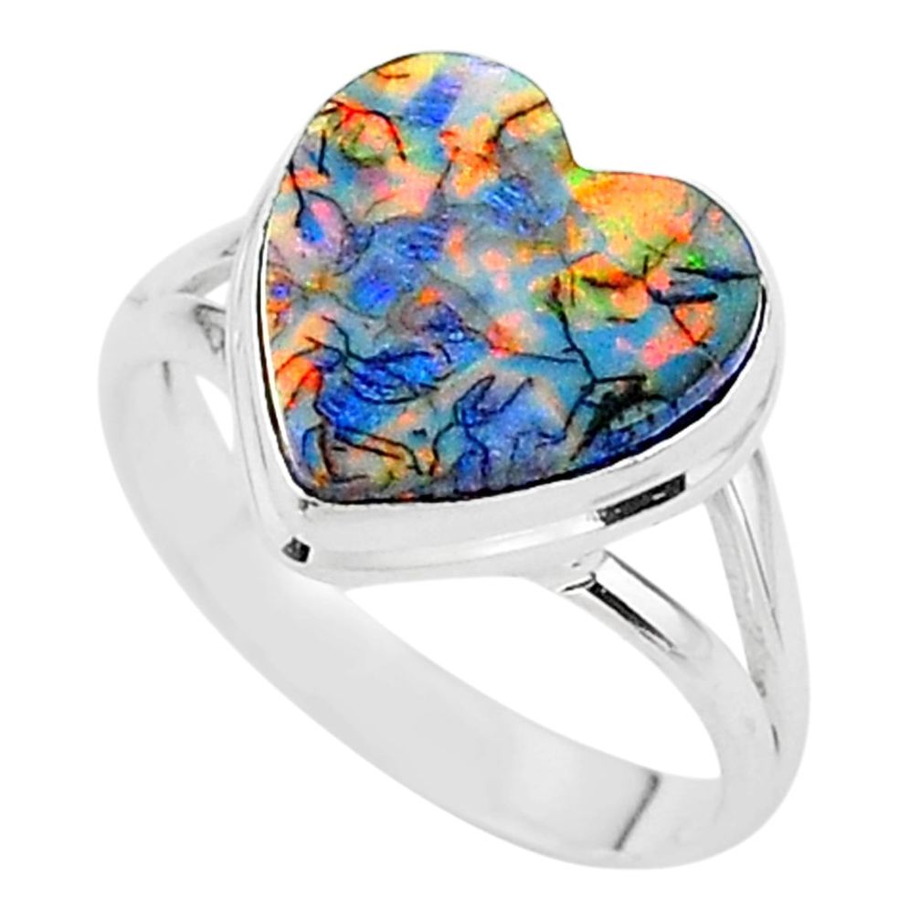 3.66cts solitaire multi color sterling opal heart 925 silver ring size 8 t13600