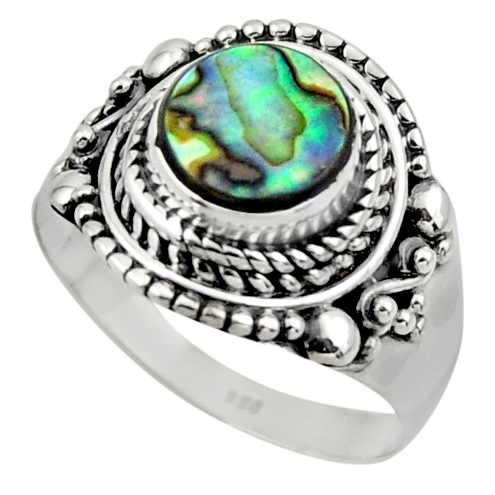 2.68cts solitaire natural abalone paua seashell 925 silver ring size 8.5 r49510