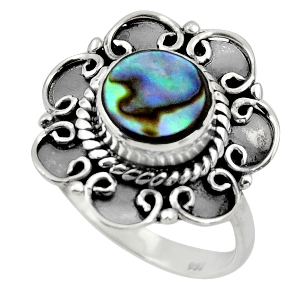 3.08cts solitaire natural abalone paua seashell 925 silver ring size 7.5 r49512