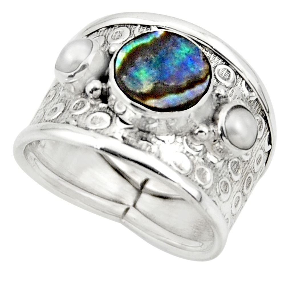 4.21cts solitaire natural abalone paua seashell 925 silver ring size 7.5 r49886