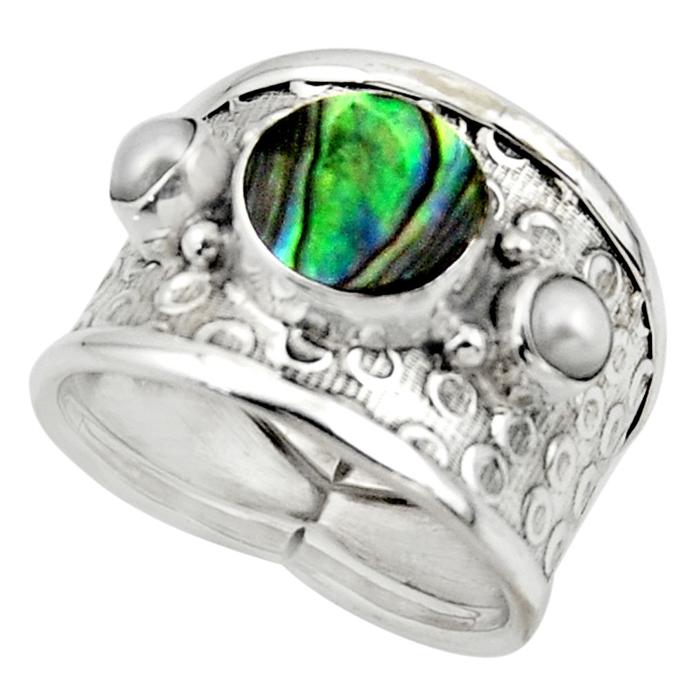 4.02cts solitaire natural abalone paua seashell 925 silver ring size 6.5 r49891