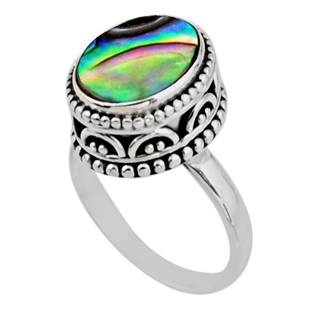 3.75cts solitaire natural abalone paua seashell 925 silver ring size 6.5 r51443
