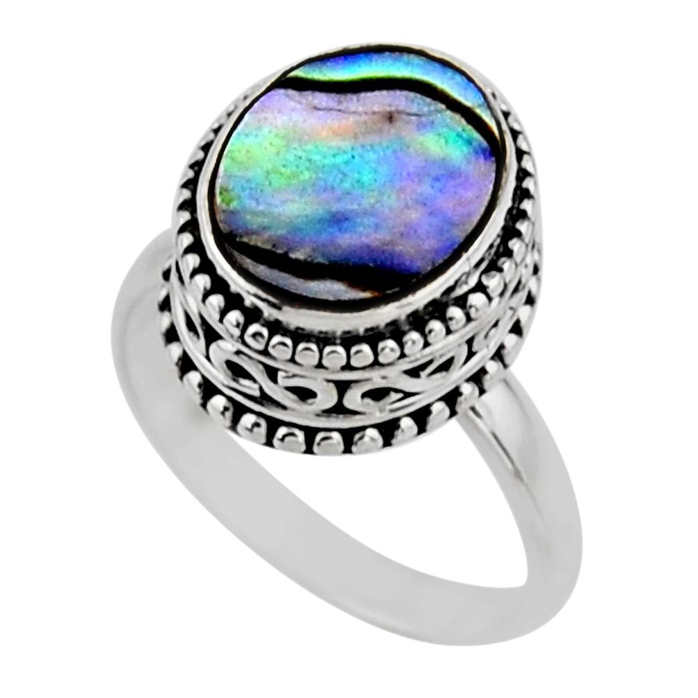 3.75cts solitaire natural abalone paua seashell 925 silver ring size 6.5 r51467