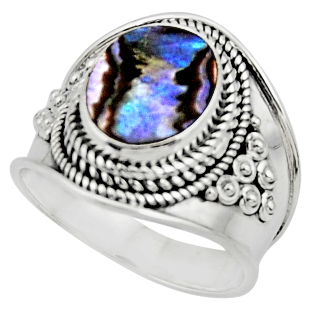 4.21cts solitaire natural abalone paua seashell 925 silver ring size 7.5 r51974