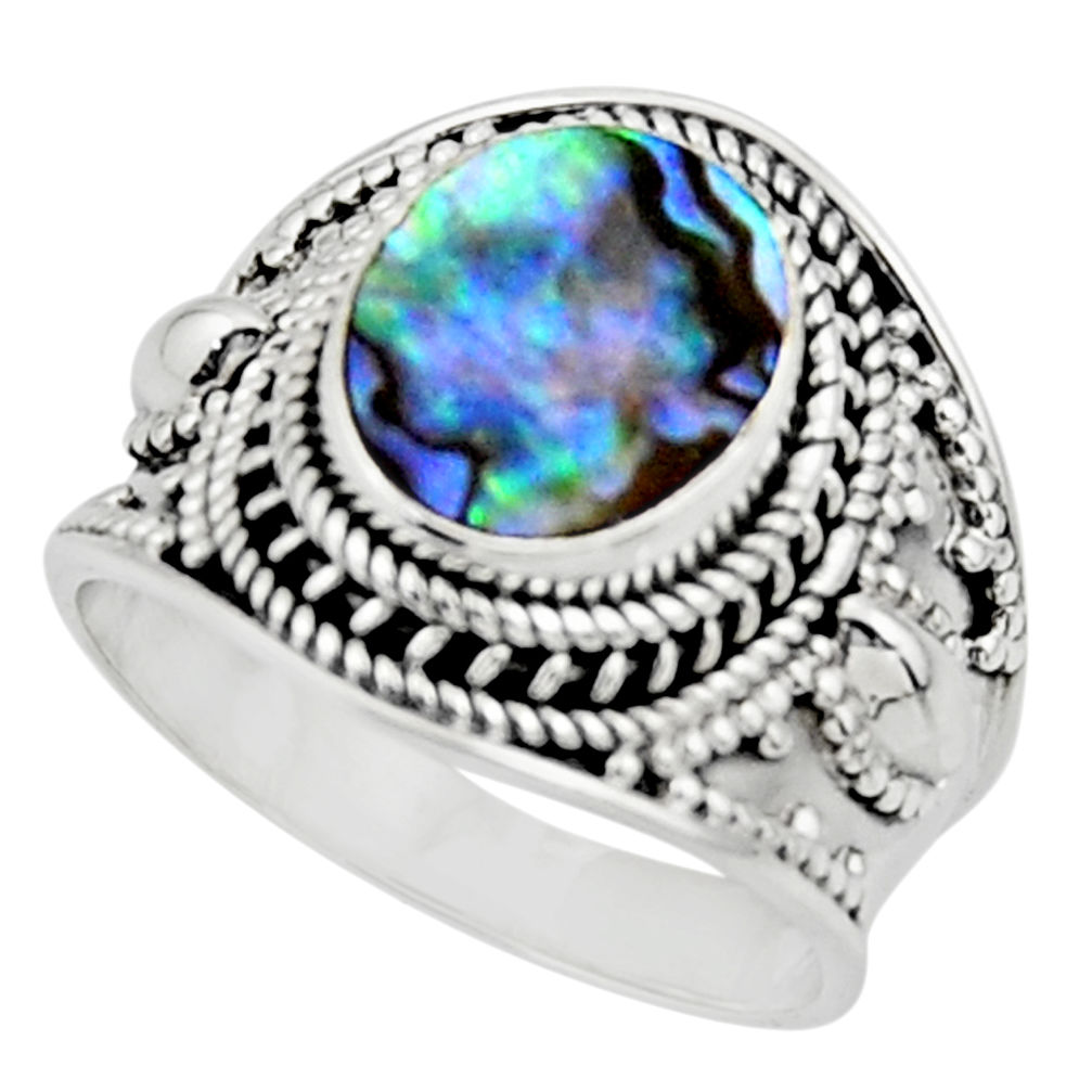 4.71cts solitaire natural abalone paua seashell 925 silver ring size 8.5 r51976