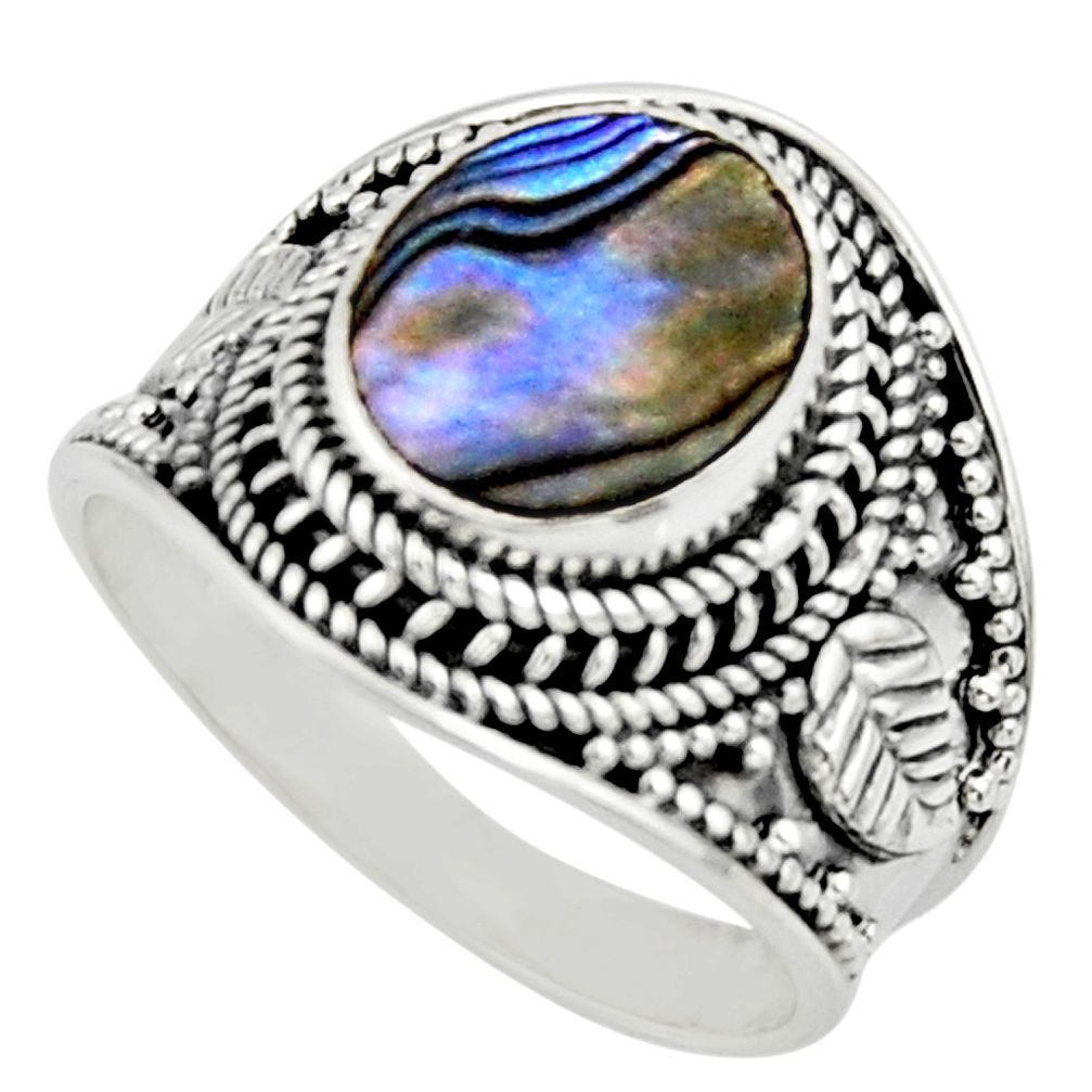 4.55cts solitaire natural abalone paua seashell 925 silver ring size 8.5 r51982