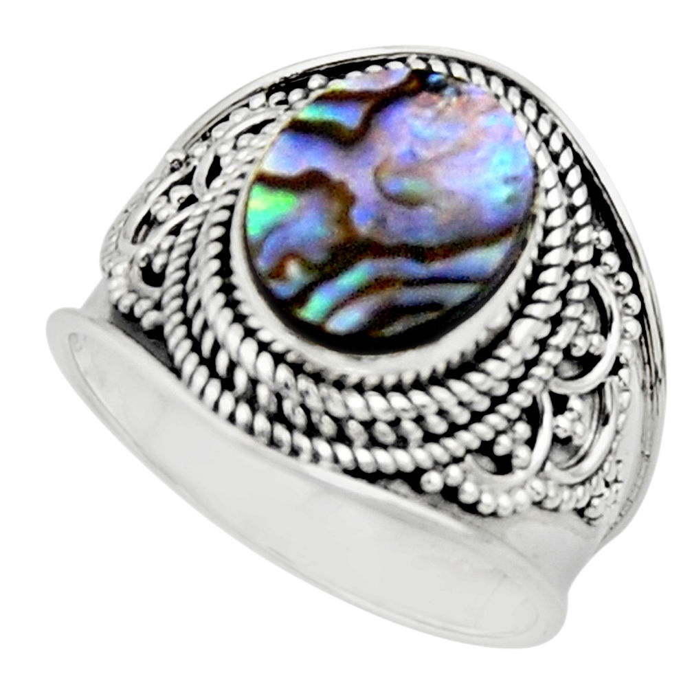 4.55cts solitaire natural abalone paua seashell 925 silver ring size 8.5 r51983