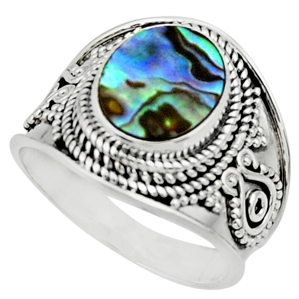 4.71cts solitaire natural abalone paua seashell 925 silver ring size 8.5 r51991