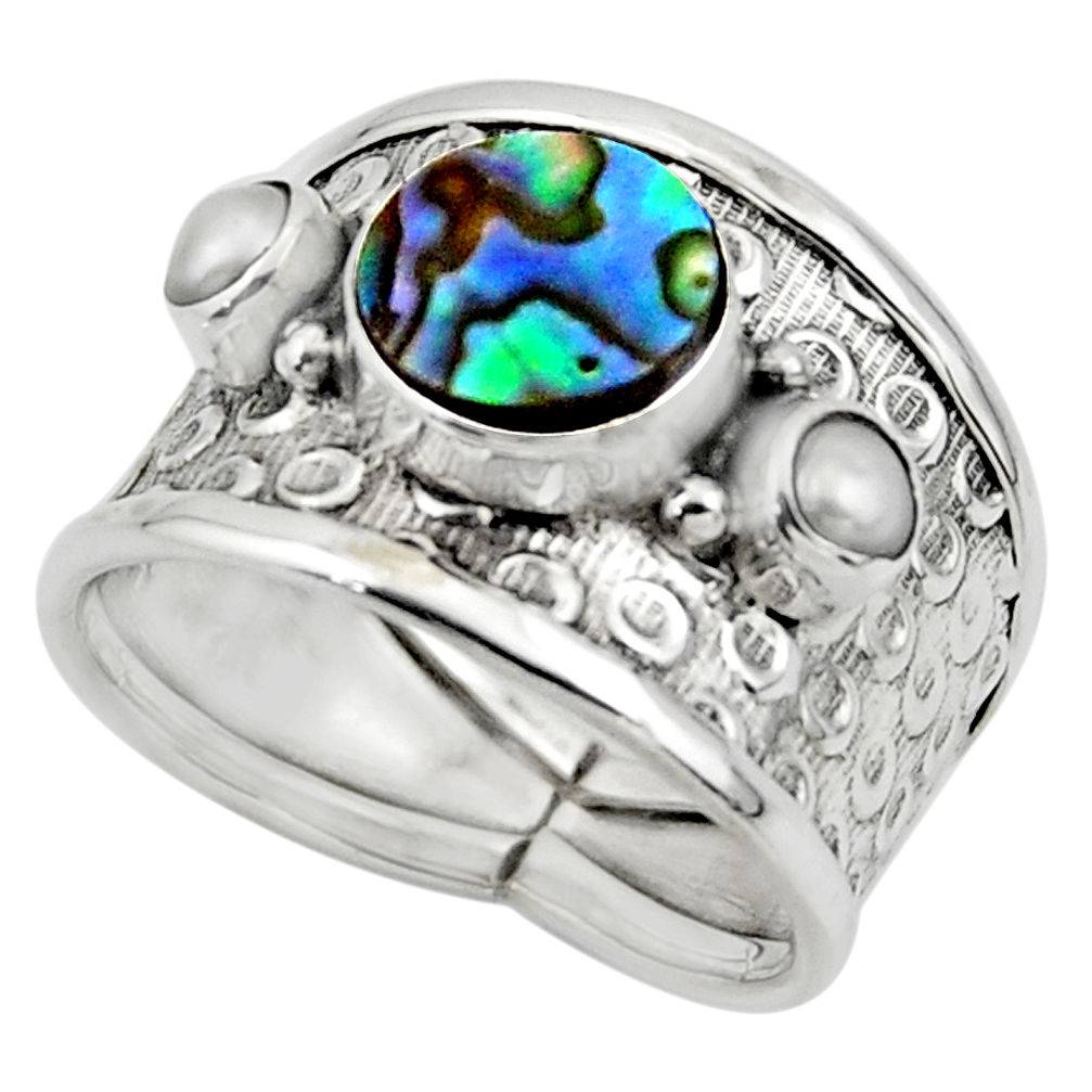 2.62cts solitaire natural abalone paua seashell 925 silver ring size 8 r49898