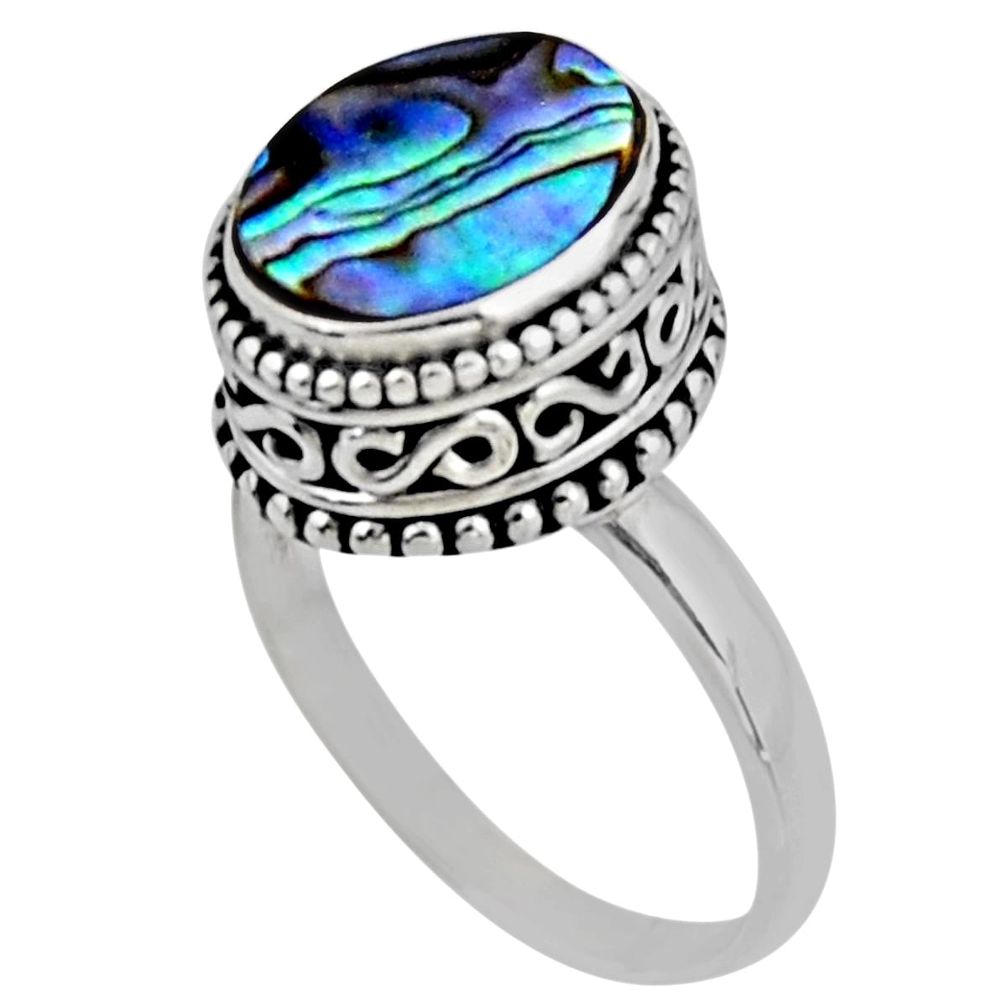 3.91cts solitaire natural abalone paua seashell 925 silver ring size 8 r51453