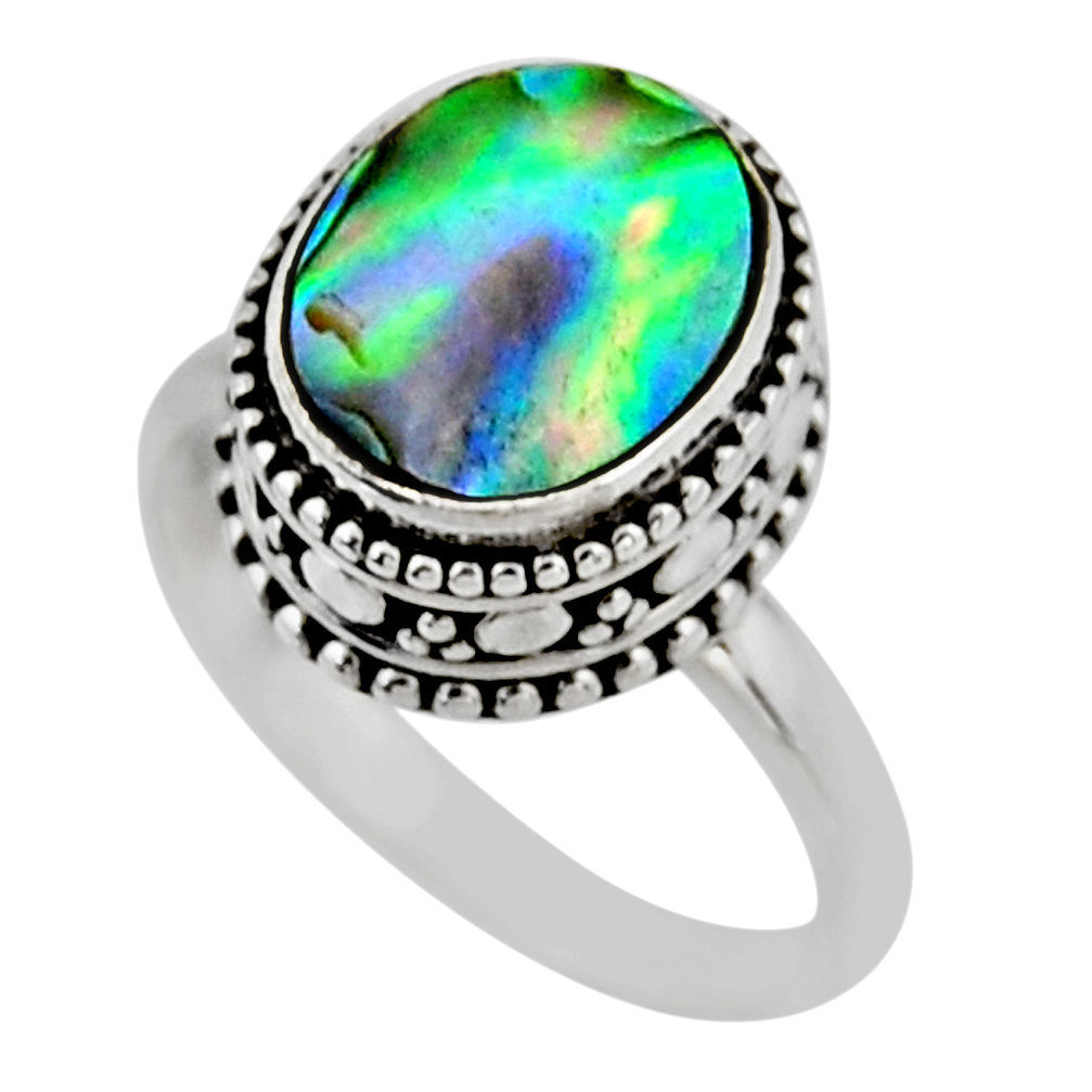 3.91cts solitaire natural abalone paua seashell 925 silver ring size 8 r51465