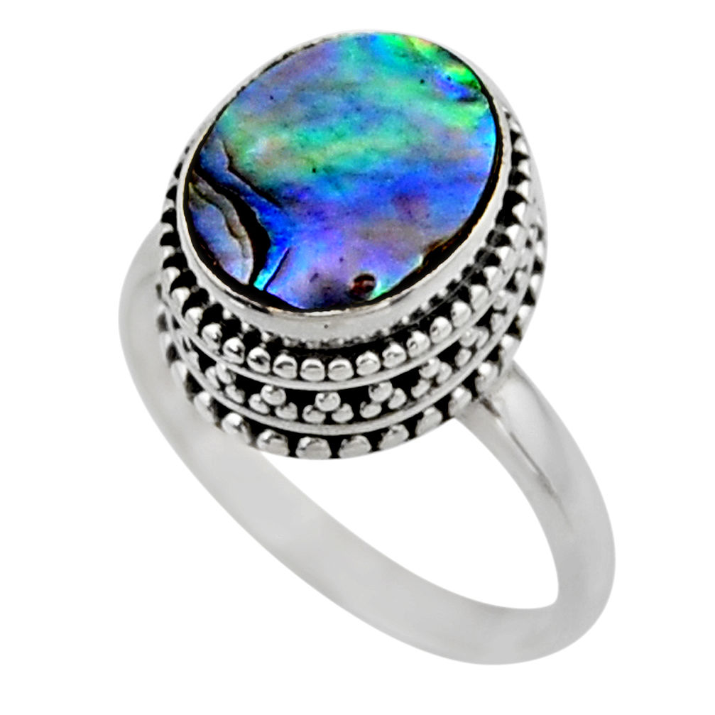 3.91cts solitaire natural abalone paua seashell 925 silver ring size 8 r51476