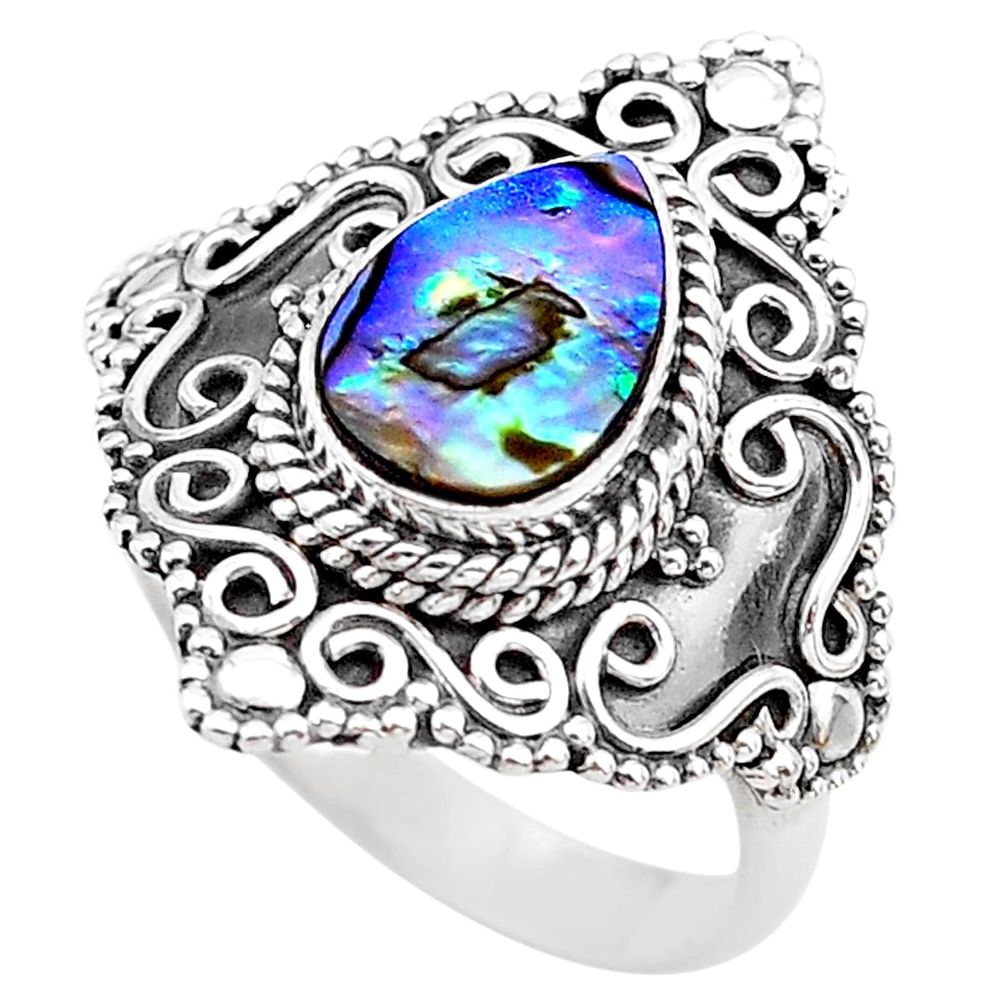 2.35cts solitaire natural abalone paua seashell 925 silver ring size 7.5 t20091