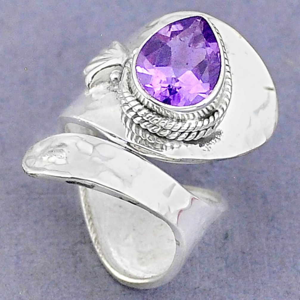 4.29cts solitaire natural amethyst pear 925 silver adjustable ring size 5 t8774