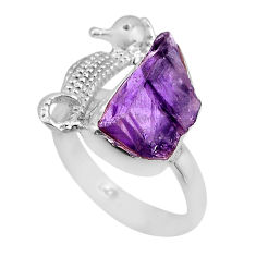 5.38cts solitaire natural amethyst rough silver seahorse ring size 7.5 y88395