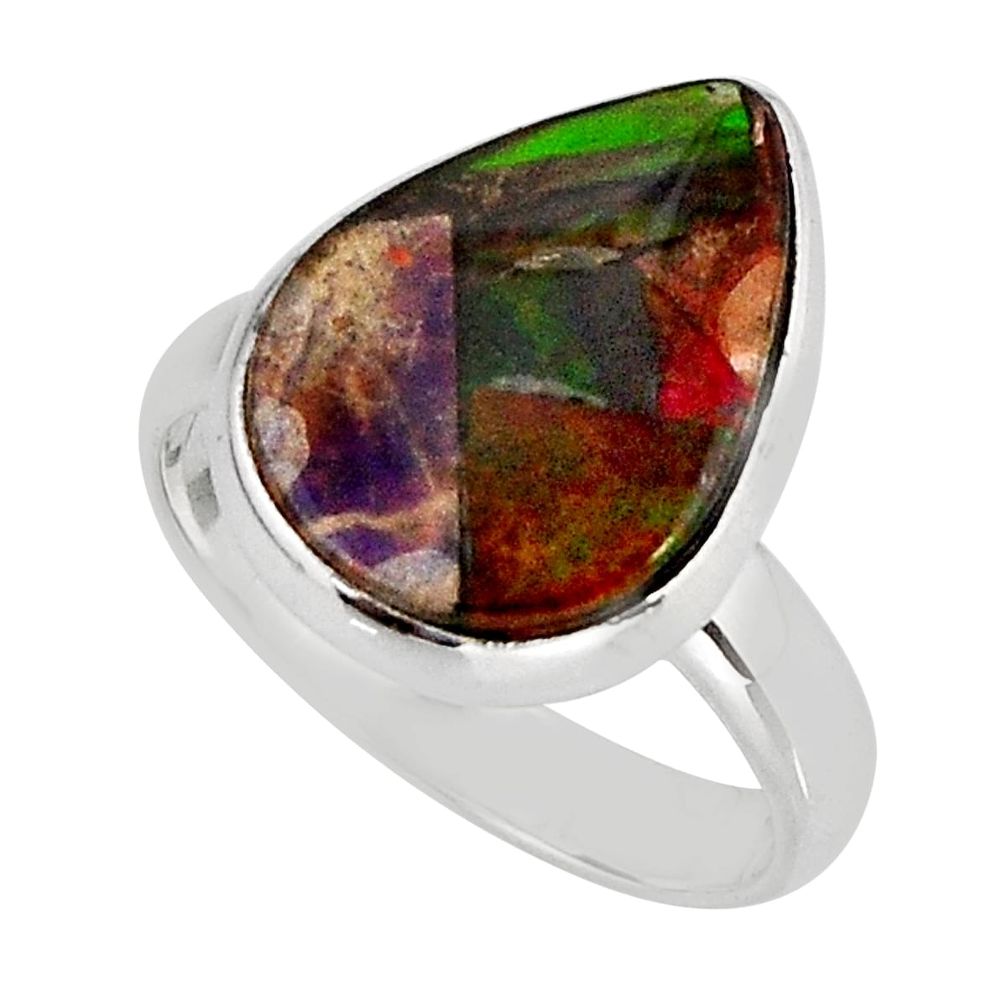 8.69cts solitaire natural ammolite (canadian) 925 silver ring size 7.5 y75429