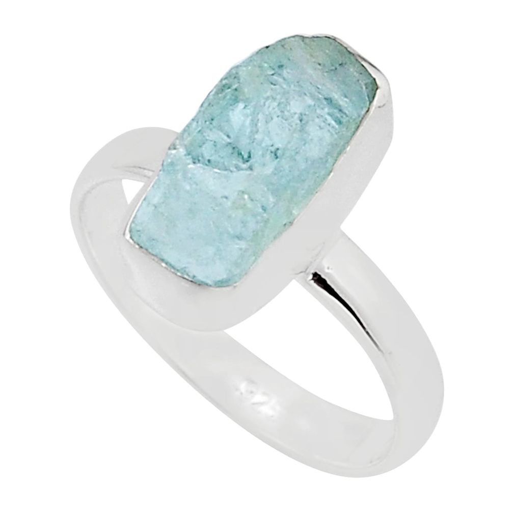 5.79cts solitaire natural aqua aquamarine rough 925 silver ring size 7.5 y90994
