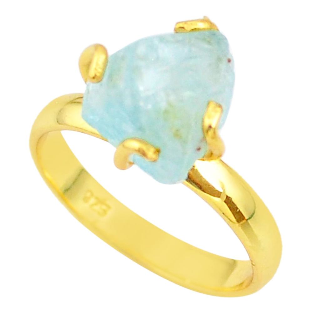 5.63cts solitaire natural aquamarine rough silver 14k gold ring size 9 t36914